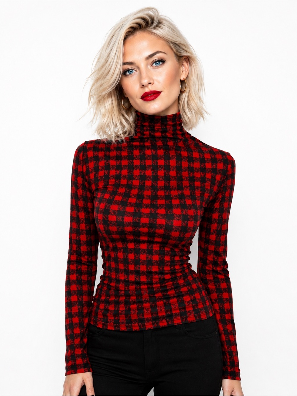 GILMAR Made In Italy Red Black Buffalo Plaid Open Back Turtle Neck Top NWT - Picture 2 of 11